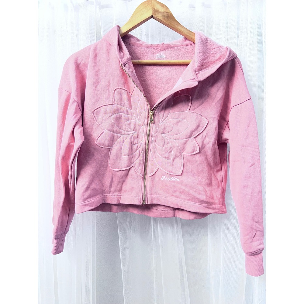 Justice Girls Pink Flower Applique  Full Zip Cropped Hoodie Sweatshirt Size 9